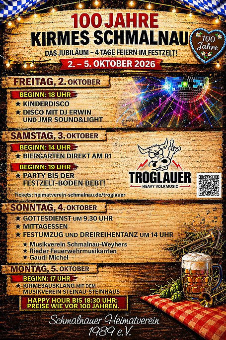 Ein Plakat der Kirmes Schmalnau 2026 - 02.-05.10.2026 im Festzelt 