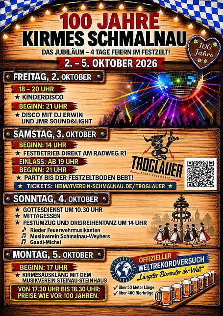 Ein Plakat der Kirmes Schmalnau 2026 - 02.-05.10.2026 im Festzelt 